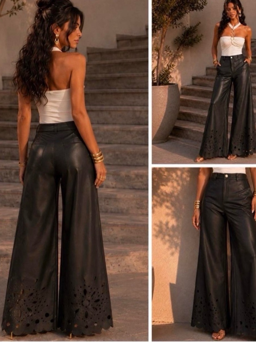 Wide-Leg Faux Leather Pants with Laser-Cut Hem - Black